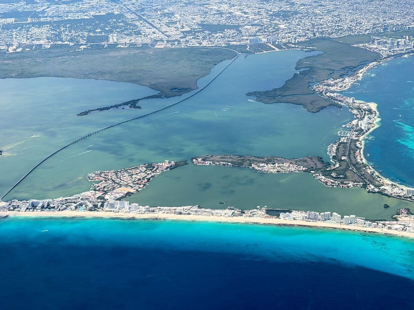 Aerial view of the Cancun hotel zone, lagoon and beach